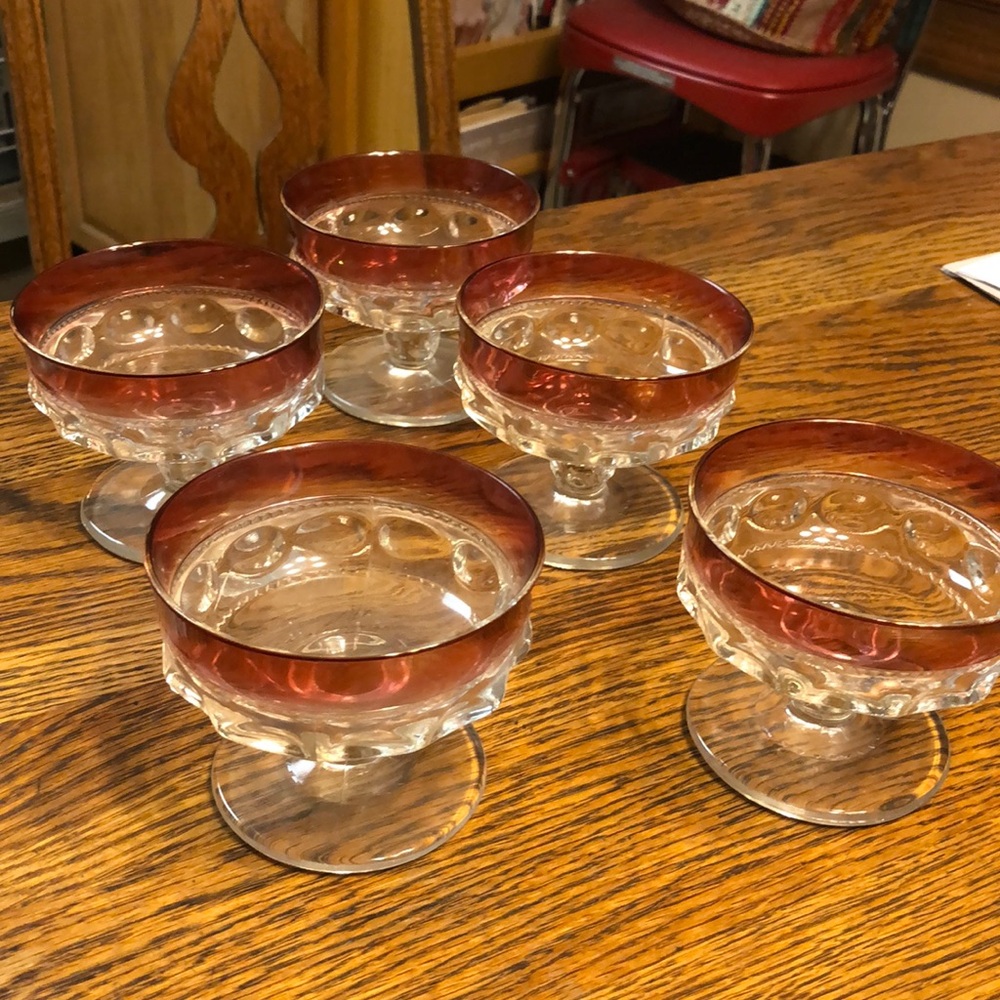 Indiana Glass ? Set of 5 Red and Clear Sherbet/Desserts Vintage